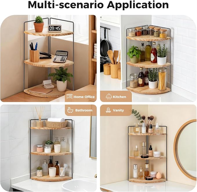 3 Tier Corner Bathroom Counter Organizer – Solid Wood + Metal Stand, Bathroom Countertop Organizer for Skincare, Makeup & Vanity, Space-Saving Rustic Storage for Sink, Kitchen & Bathroom - Image 6