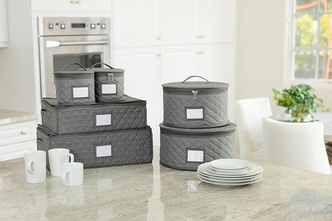 Large Platter Storage Case - 22" x 17" - Stackable with Padded Interior and Label Holder - Gray - China Storage Containers for Plates and Serveware - Image 7