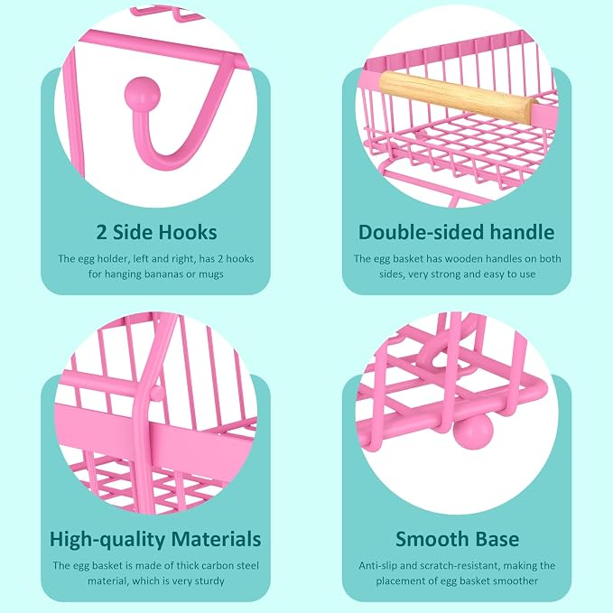3 Tier Fruit Basket for Kitchen Counter with 2 Banana Hangers, Countertop Metal Fruit Bowl with Wooden Handle, Large Storage Stand for Vegetables, Snacks, Breads, Produce Storage – Rose Pink - Image 4