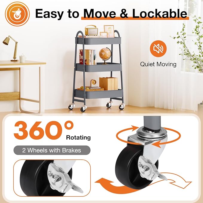 NEWBULIG 3-Tier Metal Rolling Cart with Lockable Wheels, Heavy Duty Mobile Utility Storage Shelf, Roller Book Snack Cart, Grey | Mobile Organizer Shelf, Space-Saving, Freestanding, Bathroom, Living Room, Slim, Narrow Corner Spaces, Grey - Image 3