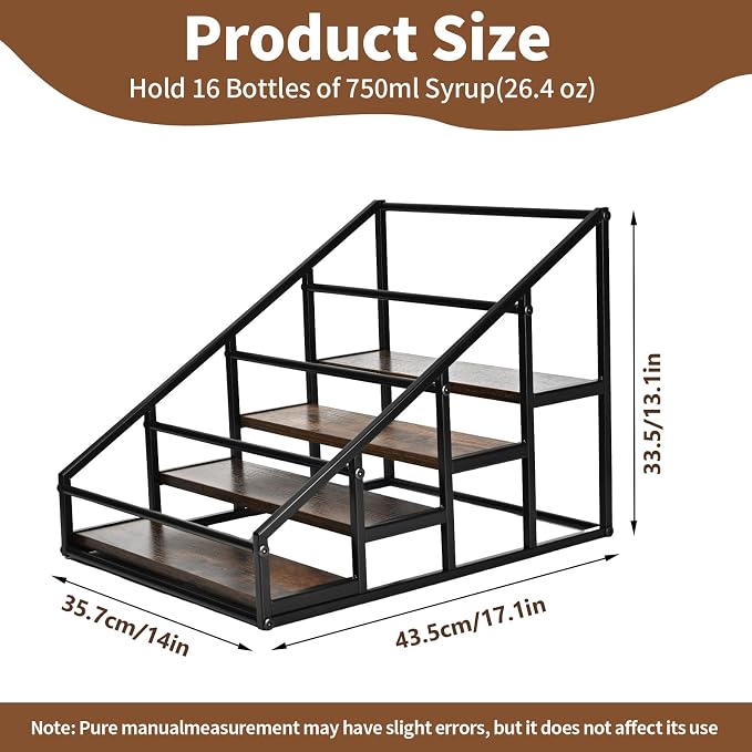 YQBRAO 4-Tier Coffee Syrup Organizer, 16-Bottle Rack, Rustic Brown | Holds up to 16 bottles with stepped visibility; rustic wood and metal design for syrups, kitchens, and home coffee bars. - Image 3