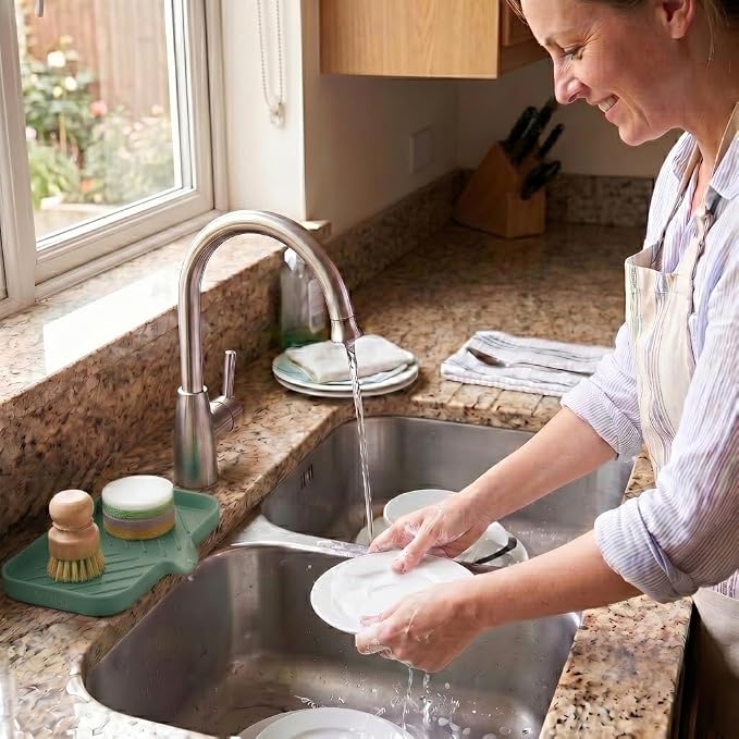 MicoYang Silicone Soap Dish with Drain Spout — Self-Draining Sink Organizer Tray for Bathroom & Kitchen, Sponges, Dispensers & Soap Holder, Non-Slip & Dishwasher Safe, Green (Medium, 9.6"×5.3") - Image 6