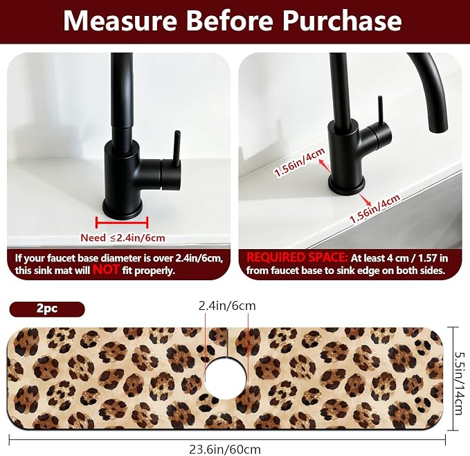 2 Pcs Kitchen Sink Splash Guard Faucet Mat Leopard Print Faucet Mat for Sinks Absorbing Drying Mats for Kitchen Bathroom, 23.6x5.5inch - Image 2