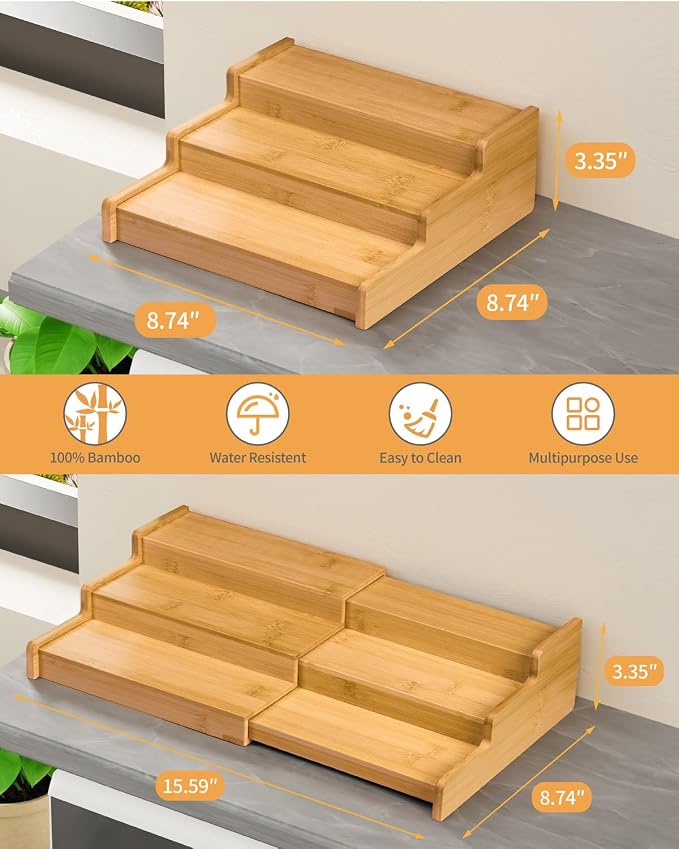 Spice Rack 3-Tier Natural Bamboo, Adjustable Cabinet Organizer Shelf | Expands 8.7-15.6"cabinets. Stepped design, labels visible.Storage organizer saves space, easy wipe. For spices, jars,cans. - Image 4