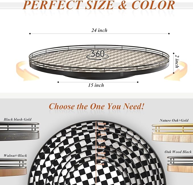 AMH 24-Inch Black and White Checkerboard Lazy Susan Decorative Tray | Smooth rotating oak tray with walnut finish for dining tables, kitchen counters, pantries and cabinet storage. - Image 6
