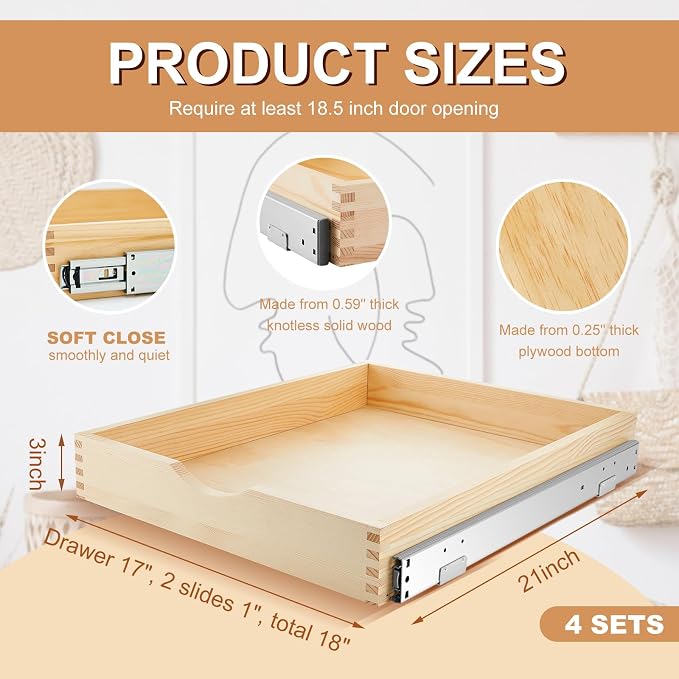 Sintuff 4 Pack Wooden Pull out Tray Cabinet Organizer Gentle Close Roll out Shelves for Kitchen Cabinets Fully Assembled Slide Pantry Shelves (18'' X 21'') - Image 3
