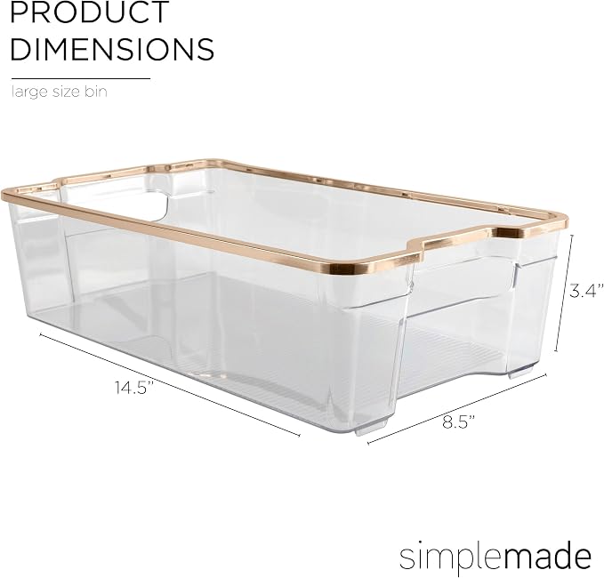 SIMPLEMADE Clear Refrigerator Organizer Bins - Clear Bins for Fridge, Containers for Fridge and Freezer, Multipurpose Storage for Kitchen, Office, Bathroom, Gold Rim (8.5" x 14.6") - Image 3