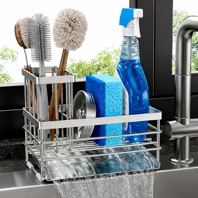Cisily Sink Caddy Sponge Holder for Kitchen with Brush Holder and Stainless Steel Self Drain Tray, Rustproof Kitchen Sink Organizer for Sponge, Soap Dispenser Storage Accessories by CISILYHOMELIFE