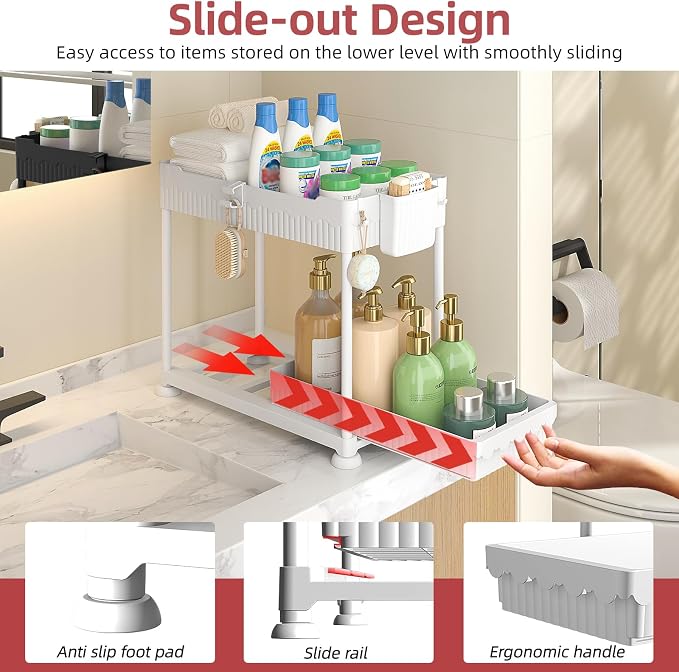 4-Pack 2-Tier Under Sink Organizer with Pull Out Drawers | Multi-use kitchen & bathroom storage. Includes hanging hooks and cups. White, space-saving cabinet design. 14.8 Inch - Image 4