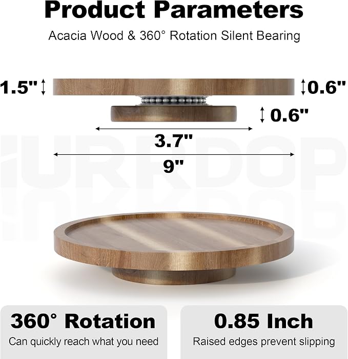 9 inch Wooden Lazy Susan Turntable, Acacia Wood Spinning Organizer for Dining Table, Cabinet, Fridge, countertop, Pantry - Image 4