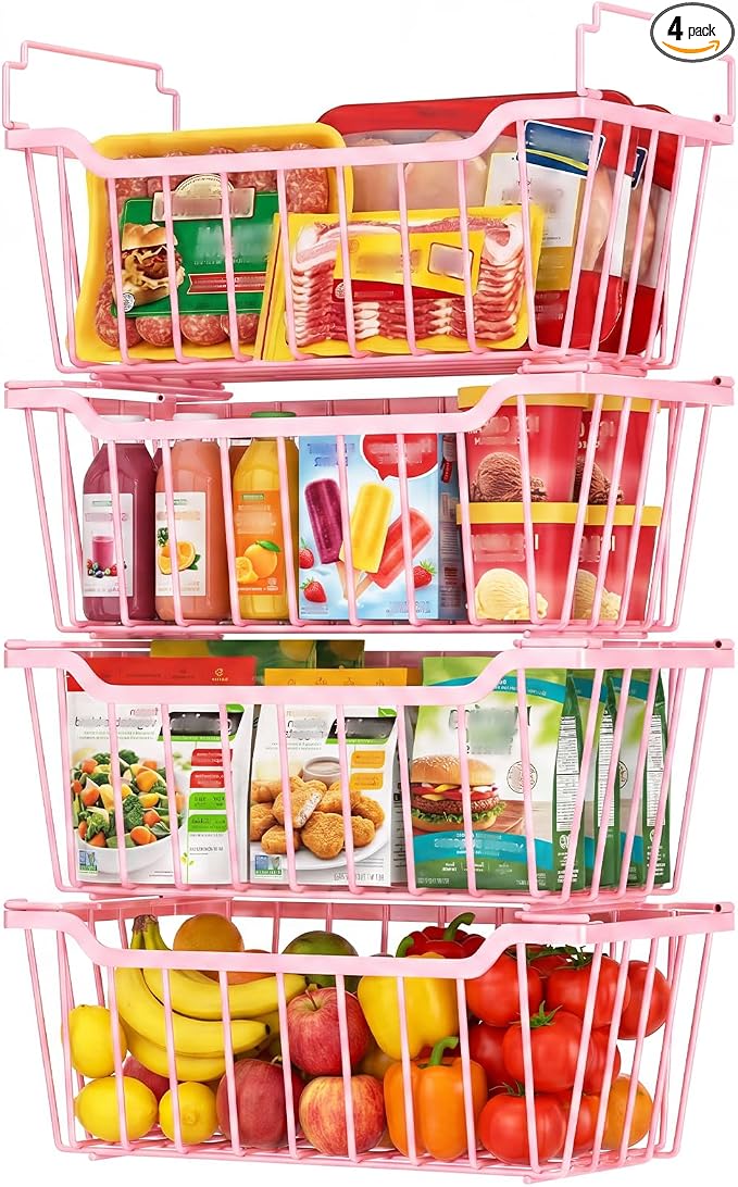 Goovilla Freezer Organizer Bins for 5-7 Cu.FT Chest Freezer, 4 Pack Pink | Foldable Handle Stackable Freezer Baskets, Coated Metal Freezer Storage Bins with Better Space Utilization, Deep Organization by Goovilla
