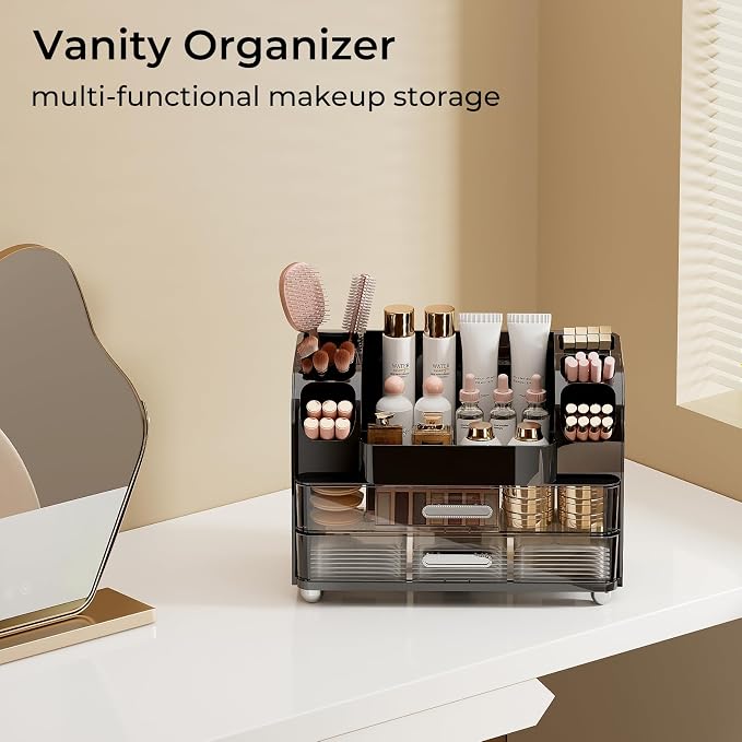 UFORU Makeup Organizer Countertop with 2 Large Drawers for Vanity Bathroom | Brush Holder, Large Capacity, Thickened Plastic, Compact Footprint, Space-Saving Design, Easy Clean, Ideal for Dorm Rooms - Image 7