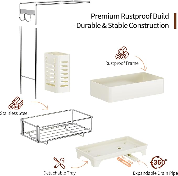 MOUKABAL 2-Tier Sponge Holder for Kitchen Sink Caddy Organizer,Off-white | Large Capacity/Rustproof Stainless Steel/360° Rotating Drain Keeps Counter Dry/Holds Sponge & Soap Bottle/Easy-Clean Tray - Image 4