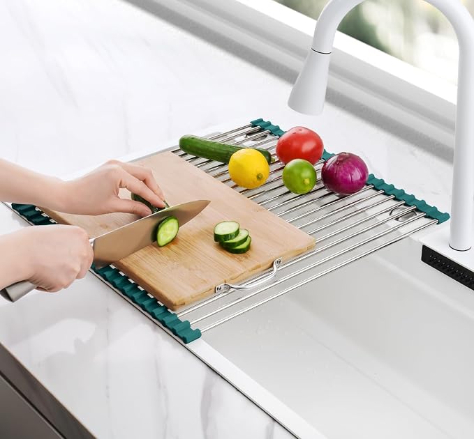 Tomorotec Roll Up Dish Drying Rack Over Sink,304 Steel,17.7x15.5,DarkGreen | Anti-Slip Silicone Rims For Grip, Heat-Resistant Trivet Mat Holding Heavy Cookware, Rustproof Kitchen Counter Space Saver - Image 7