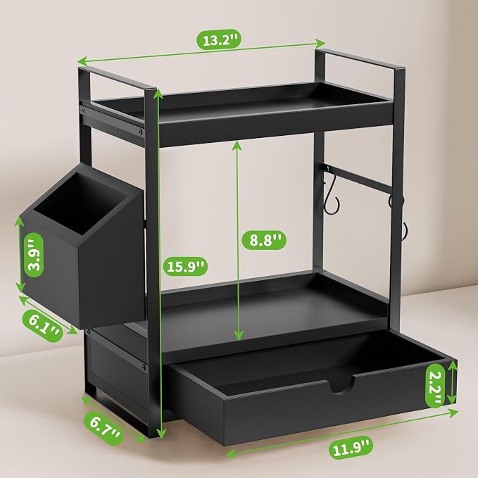 2-Tier Bathroom Counter Organizer, Wooden Vanity Shelf with Drawer & Basket | Pre-Drilled Holes, Skincare & Makeup Countertop Organizer and storage, Black - Image 2