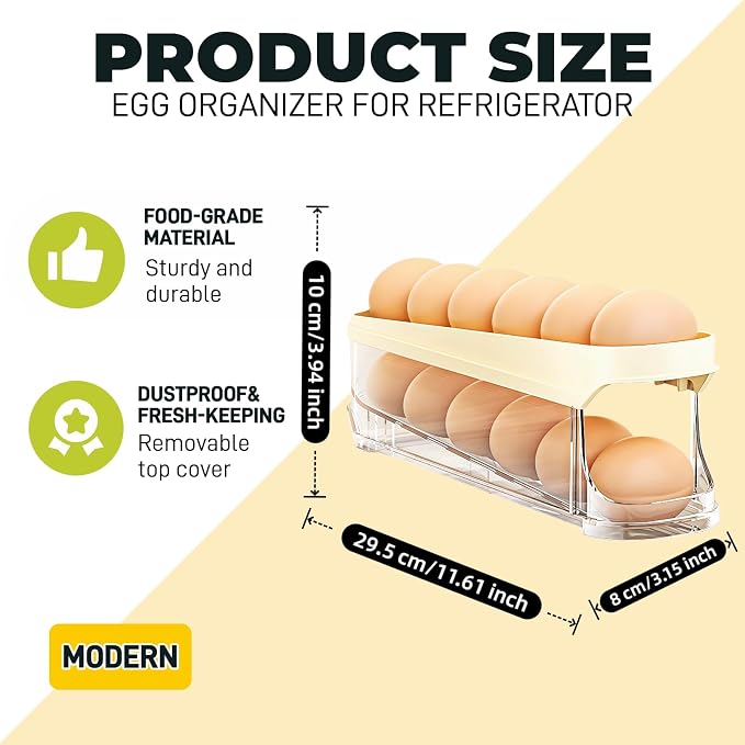 Egg Holder for Fridge, Space-Saving Automatic Rolling Egg organizer for refrigerator, Clear Stackable Egg container for refrigerator, Egg Storage with Lid, Home Egg Dispenser & Tray (2-layer) - Image 8
