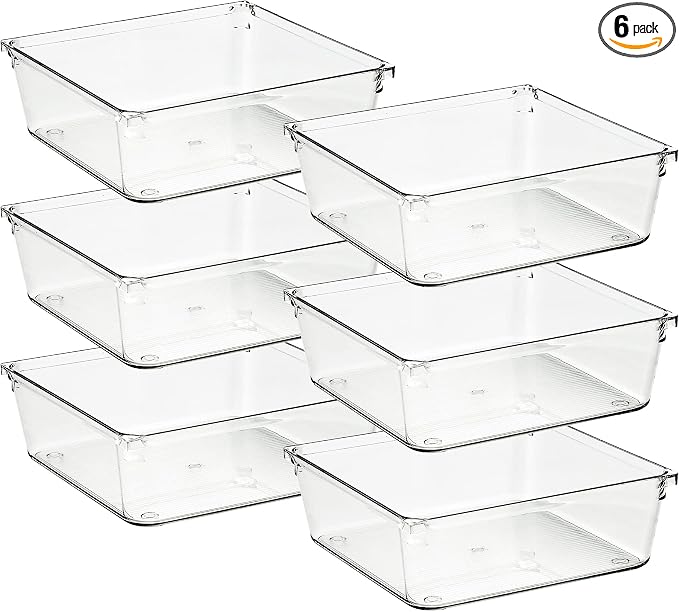 Ravinte 6 Pack Drawer Organizer, 6" x 6" Plastic Storage Bins | Acrylic Tray Design, Non-Slip Pads, For Makeup, Jewelry, Kitchen Utensils, Bathroom, Office Storage by Ravinte