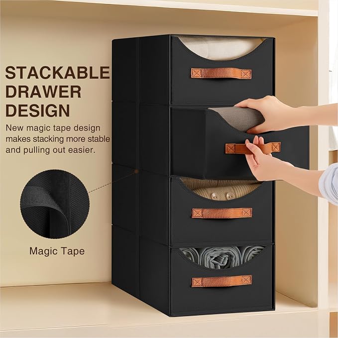 Closet Organizers and Storage - Large Stackable Storage Bins with Drawer, Fabric Bins for Organization, Collapsible Storage Drawers Organizer for Bedroom, Living Room, 4 Pack, Black - Image 7