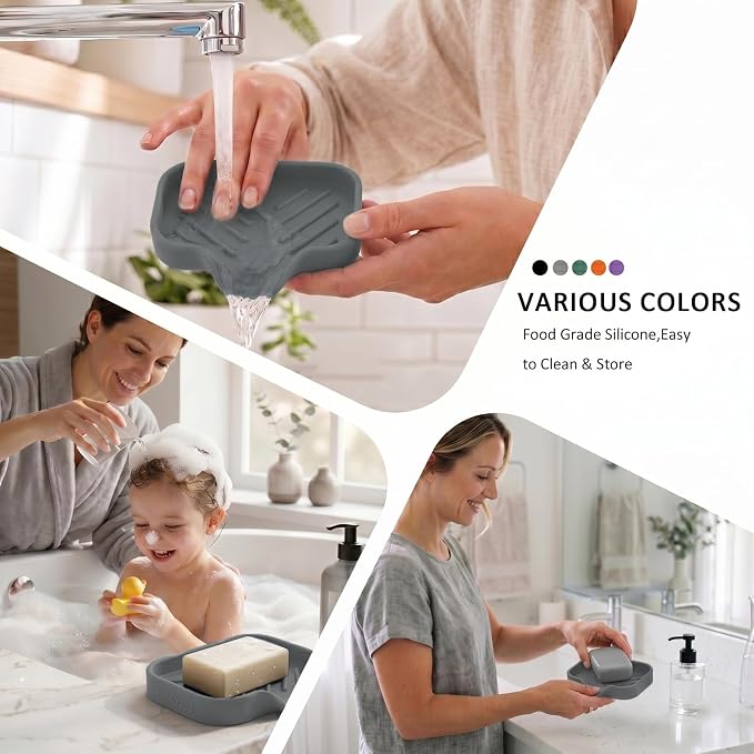 MicoYang Silicone Soap Dish with Drain Spout, Self-Draining Sink Organizer Tray for Bathroom and Kitchen, Sponges, Dispensers and Soap Holder, Non-Slip and Dishwasher Safe, Grey (Compact, 4.9"×3.2") - Image 4