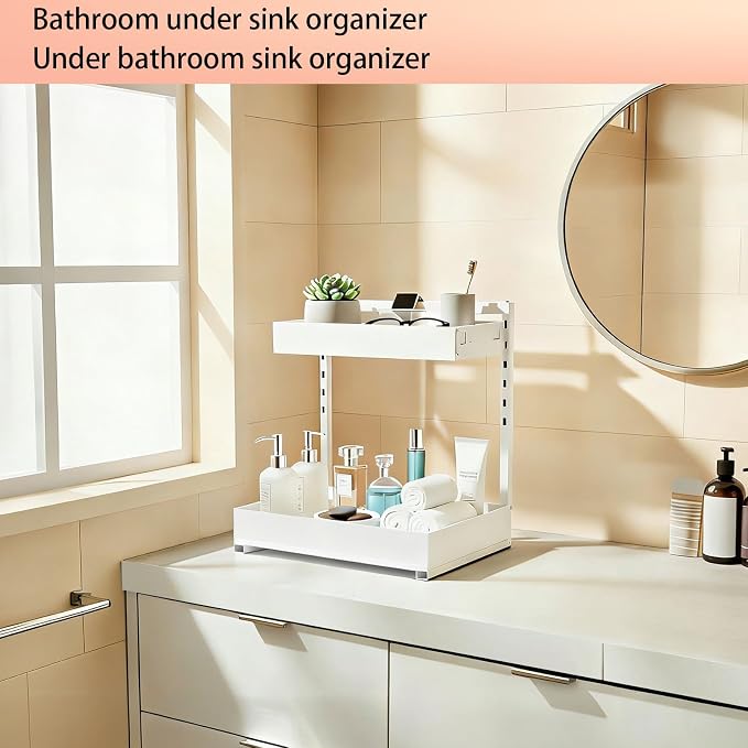 Under Sink Organizer, Bathroom Counter Organizer, 2 Pack 2 Tier L-Shape White, Adjustable Height Carbon Steel, Under Cabinet Storage with Pull Out Drawer, Use for Kitchen Bathroom Office Shop Laundry - Image 4