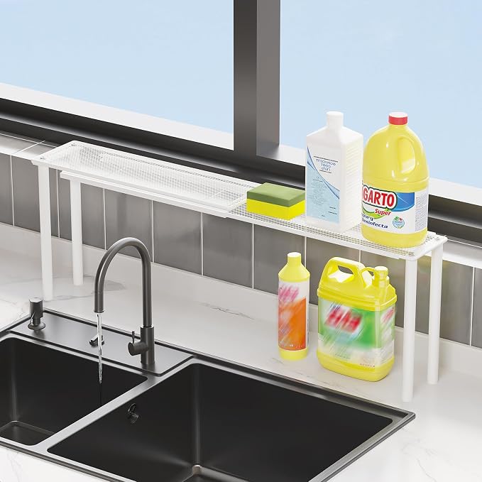 Expandable Kitchen Sink Organizer Window Shelf for Plants Stackable Narrow Shelves Kitchen Countertop Holder Mesh Design (2, White (Depth 3.54")) - Image 9