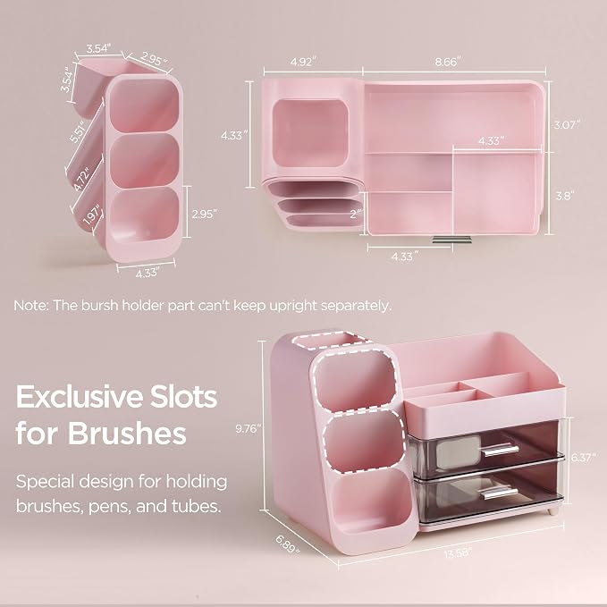 HBlife Makeup Organizer with Brush Holder for Vanity, Large Plastic Bathroom Countertop Organizer Skin Care Storage, Easy to Store Lipsticks, Nail Polishes, Perfumes, Eyeshadow Palettes, Pink - Image 4