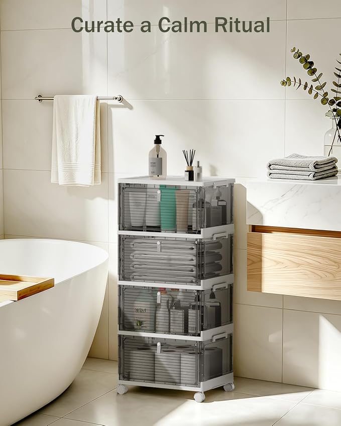 23QT Stackable Storage Bins with Lids and Wheels, 4 Tier 92QT Foldable Plastic Storage Drawers with Magnetic Doors, 4 Pack Collapsible Closet Organizer for Bedroom Office, Clear Gray - Image 5