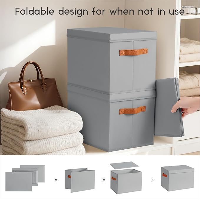 Storage Bins with Lids - Large Fabric Closet Bins with Lid, 8 Pack Clothes Organizers and Storage, Collapsible Stackable Cube Basket for Home, Office, Dorm, Grey - Image 3