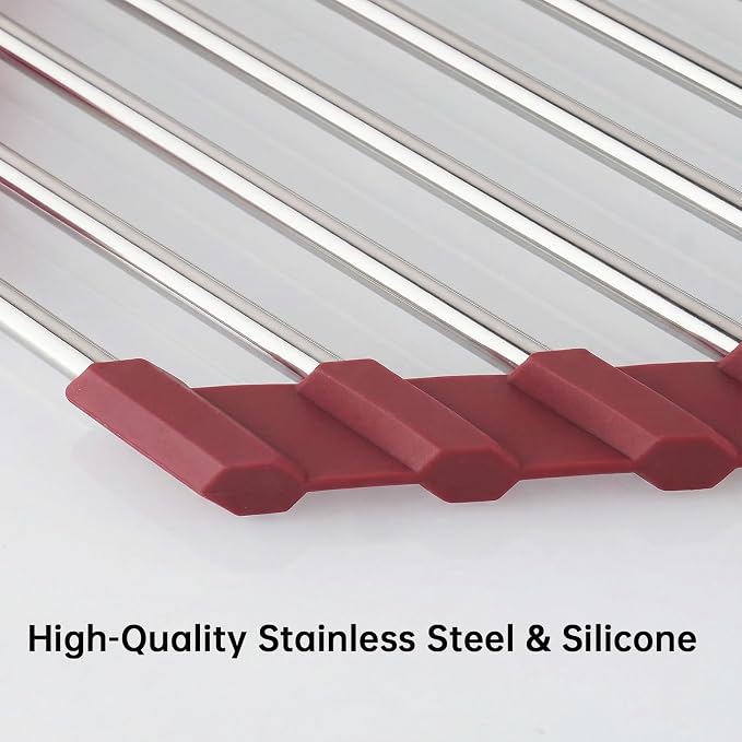 Tomorotec Triangle Roll Up Dish Drying Rack 304 Stainless Steel Wine Red | BPA-Free Food-Grade Silicone Edges Foldable Waterproof Rustproof Heavy-Duty Space Saver Heat Resistant to 550°F - Image 2