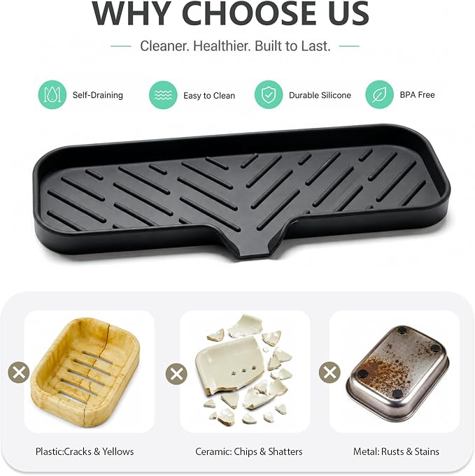 MicoYang Silicone Soap Dish with Drain Spout — Self-Draining Double Sink Organizer Tray for Kitchen & Bathroom, Dispensers, Sponges & Soap Holder, Non-Slip & Dishwasher Safe, Black (Large, 12"×4") - Image 3