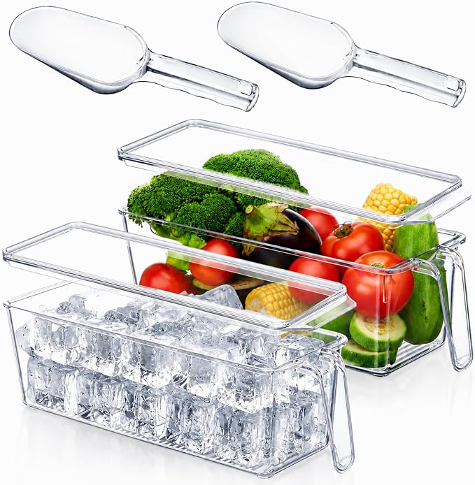 2 Sets Ice Storage Bin for Freezer,12.4 x 3.94 x 3.94 Inches | Plastic Ice Container with Flexible Scoop Lid and Handle for Home Office Fridge Storage by Havawish