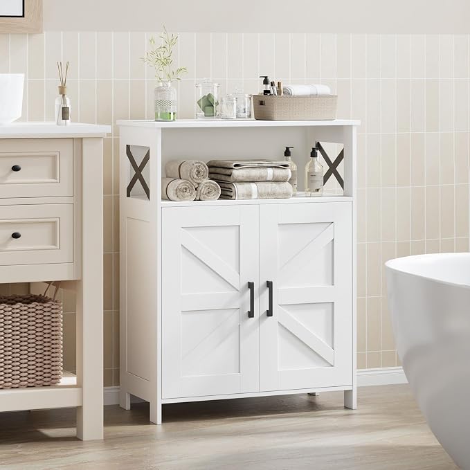 Homhedy Farmhouse Bathroom Storage Cabinet with Doors, Small Floor Cabinet | Toilet Paper Cabinet with Adjustable Shelf, Freestanding Storage Cabinet for Kitchen/Laundry/Living Room, 24"W, White - Image 9