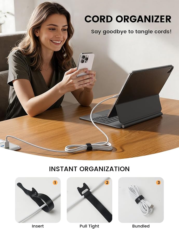 Lamicall 100Pack Reusable Cable Ties, 6-Inch Nylon Hook Loop Straps | Durable Cord Organizer Cable Management Wraps, Wire Storage for Computer PC Home Office, Travel Accessories Gadgets - Image 5