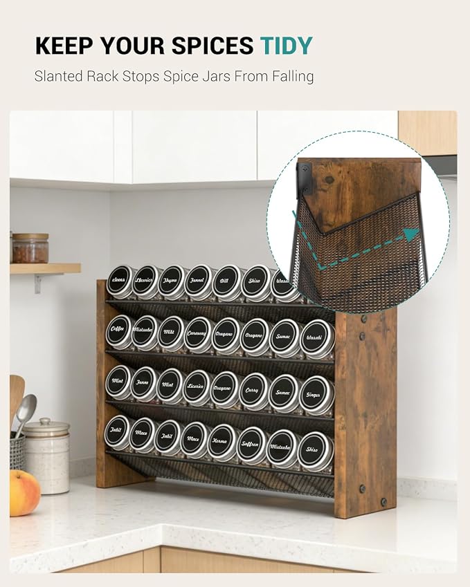Spice Rack Organizer with 32 Glass Jars, for Cabinet Wall Mount Countertop | 4-Tier Seasoning Organizer with Labels, Chalk Marker & Funnel for Pantry, Kitchen Storage, Wood, 15.7 in W x 9.4 in H - Image 3