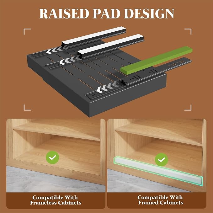 Seinloes 4 Pack Expandable Pull Out Cabinet Organizer 21"Deep With Raising Pad for Framed Cabinets,Upgrade 3 Slide Rails Slide Out Drawers,No Drill Roll Out Shelves,Adjustable Width 15.1"-26.3" Black - Image 2
