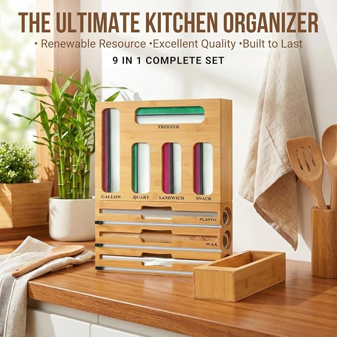 9 in 1 Storage Bag Organizer for Kitchen Drawer,Bamboo Foil and Plastic Wrap Dispenser with Cutter, Organizers Compatible Gallon, Quart, Sandwich Snack - Image 8