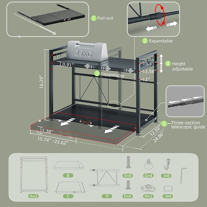 2 Tier Expandable Microwave Stand countertop,Microwave Oven Rack | Pull-Out Microwave Shelf, storage shelf for pans &appliances,Adjustable partition height，8 Hooks,55lbs max load,Black - Image 3