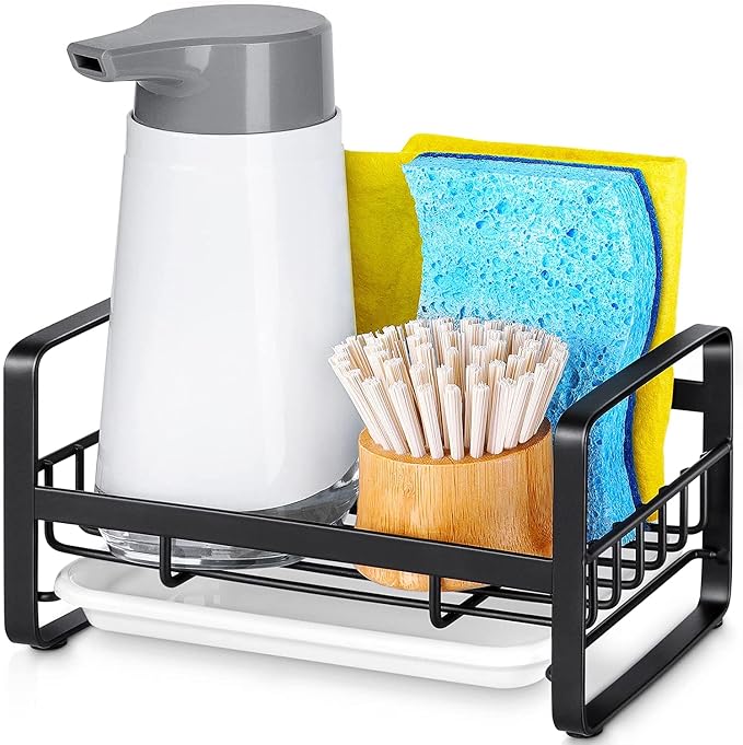 HULISEN Kitchen Sponge Holder, 304 Stainless Steel Sink Caddy, Black | Removable Drain Tray, Holds Sponges Soap Bottles Brushes, Countertop Storage, No Dispenser or Brush - Image 9