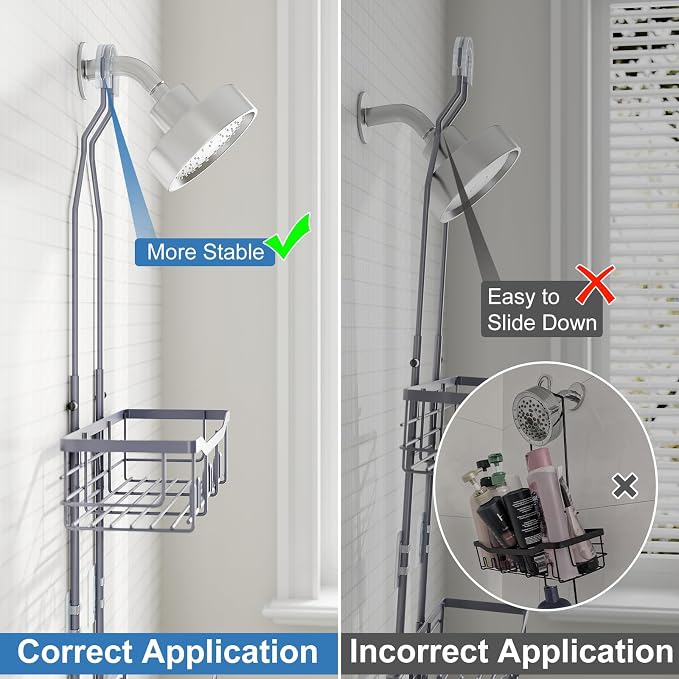 Upgraded Extended Length Shower Caddy Over Showerhead No Blocking to Showerhead, Rustproof Bathroom Organizers and Storage with Hooks Shampoo Soap Holder, Large Hanging Caddy, Grey - Image 6
