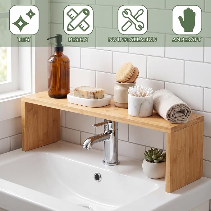 Bamboo Over the Sink Shelf Bathroom Shelf Organizer Over the Faucet Wood Pedestal Soap Stand Farmhouse Bathroom Decor Over the Sink Shelves(29.92 x 7.87 x 10.04 Inches,Bamboo Color) - Image 3