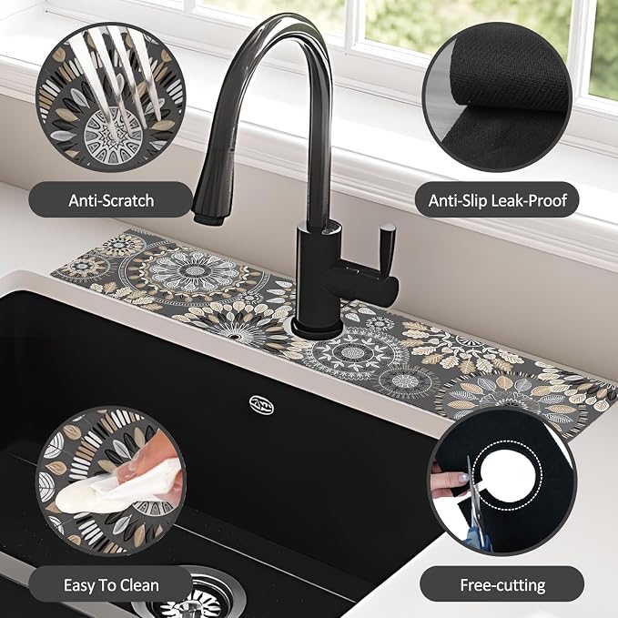 2PCS 24" X 5.5" Kitchen Sink Splash Guard Faucet Mat Mandala Super Absorbent Fast Drying Faucet Guard & Draining Mat Sink Splash Guard Behind Faucet for Kitchen, Bathroom - Image 6