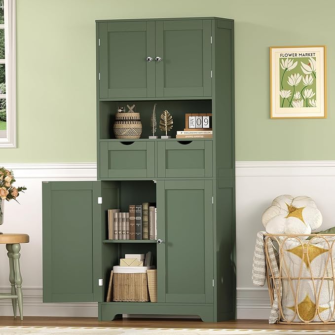 Iwell 58" H Tall Bathroom Storage Cabinet with 2 Drawers & 2 Adjustable Shelves, Bathroom Cabinet with 4 Doors, Tall Cabinet for Living Room, Dining Room, Entryway, Forest Green - Image 5