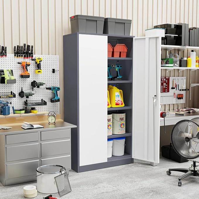 Metal Storage Cabinet Doors, 72" Locking Steel Storage Cabinet with Shelves, Tall Lockable Steel Cabinets for Home Office, Garage(New Grey) - Image 2