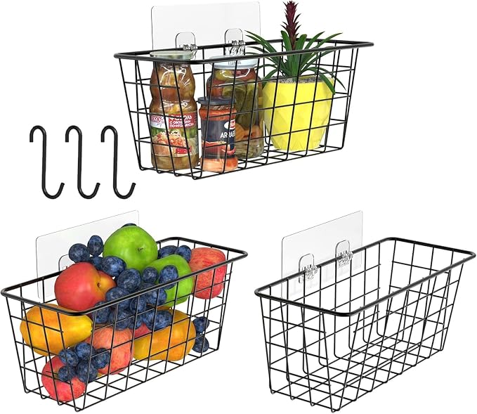 MaraFansie Over the Cabinet Door Organizer Wall Wire Baskets Hanging Kitchen Basket Shelf for Cabinet & Pantry Organization and Kitchen, Bathroom, Bedroom Storage, with Adhesive, Black, 3 Pack by MakeStorageMoreFun