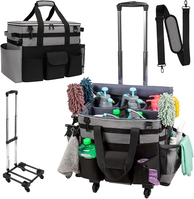 Large Rolling Cleaning Caddy with Wheels, Cleaning Supplies Organizer | With Detachable Trolley, Water-resistant Cleaner Cart for Housekeepers, Multi Pocket Cleaning Cart with Strap, Gray by wigojoy