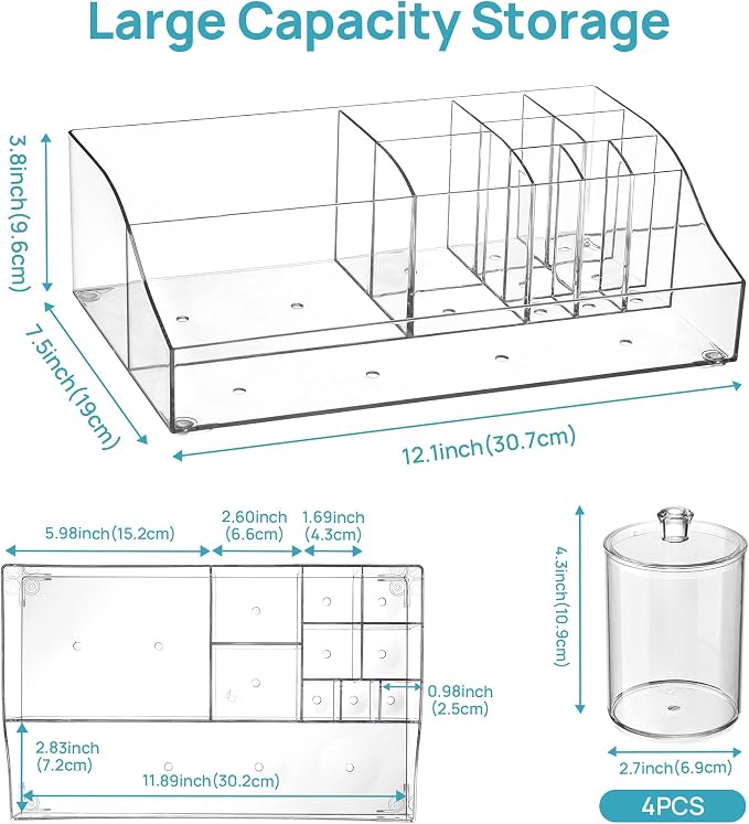 Vtopmart 5 PCS Bathroom Countertop Organizer Sets | 1 Divided Tray, 4 Qtip Holder Jars, Clear, For Toothbrush, Cotton Pads, for bathroom countertop - Image 2