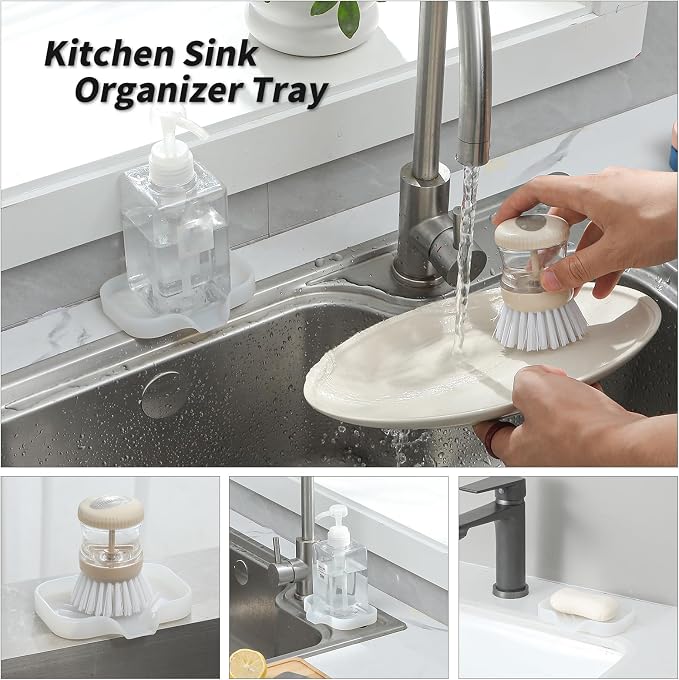 MicoYang Silicone Soap Dish with Drain Spout, Self-Draining Sink Organizer Tray for Bathroom & Kitchen, Sponges, Dispensers & Soap Holder, Non-Slip & Dishwasher Safe, Translucent (Compact, 4.9"×3.2") - Image 4