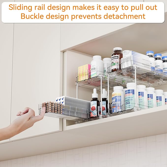 2 Tier Sliding Spice Racks for Cabinets,1 Pack 10.4'' Deep Narrow Vertical Spice Rack Pull Out for Inside Cabinets,Kitchen,Pantry,Cupboard Seasoning,Jar Organizer and Medicine Cabinet Storage - Image 2