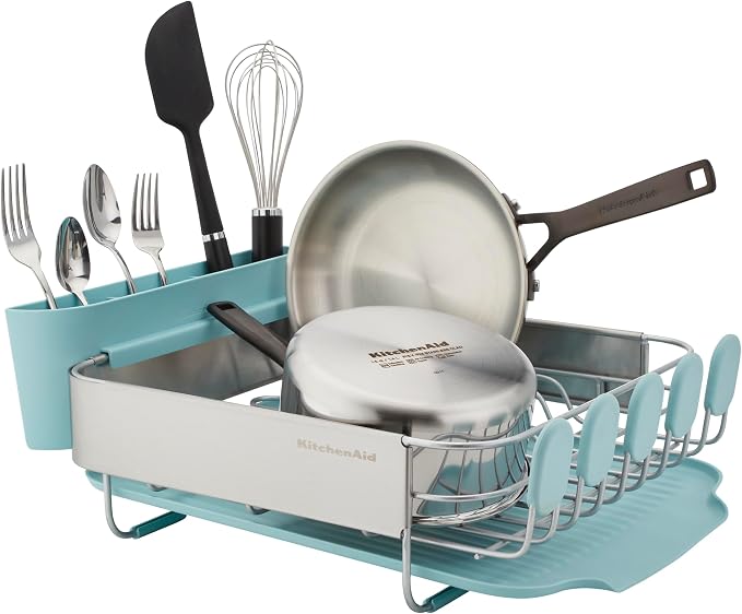 KitchenAid Compact Space Saving Rust Resistant Dish Rack with Removable Flatware Caddy and Angled Self Draining Drainboard, 12.63 x 15.87 x 5.54 Inch, Mineral Water - Image 7