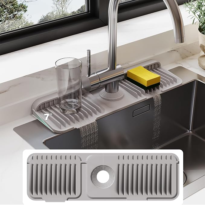 17.7-Inch Silicone Faucet Mat for Kitchen Sink Splash Guard, 7° Slope | 17.7"x5.5" water draining mat with fasten button; 1.6-2.75" customizable hole for bathroom, RV & kitchen sink drip catcher. by Doeklpo